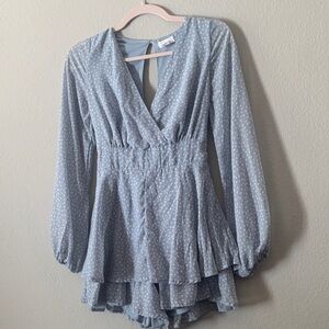 Light Blue Polka Dot Long Sleeve Romper